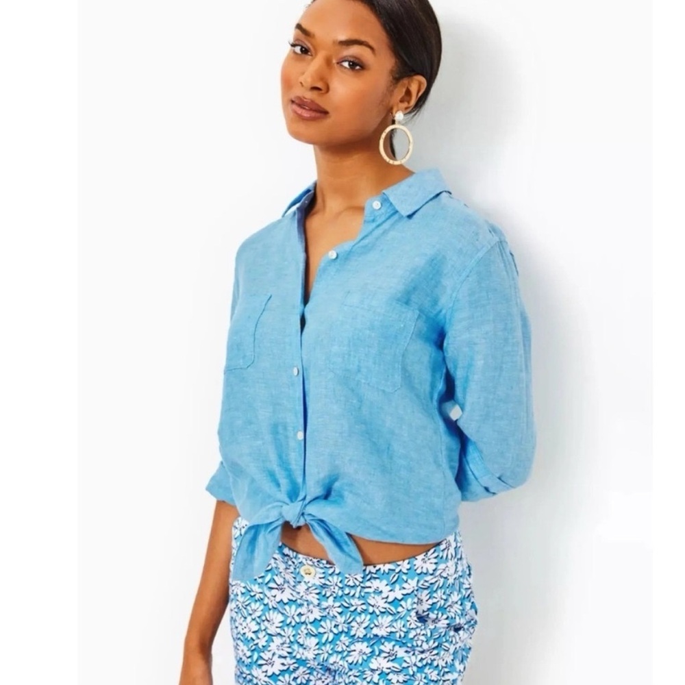 Lilly Pulitzer Sea View Button Down Linen Shirt in Blue - Picture 2 of 9
